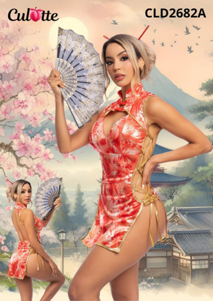 Disfraz sexy de Geisha Asiática con estampado floral y aberturas atrevidas